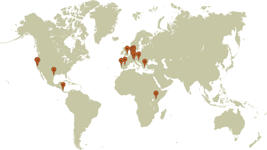 World map with fifteen locator pins - light green