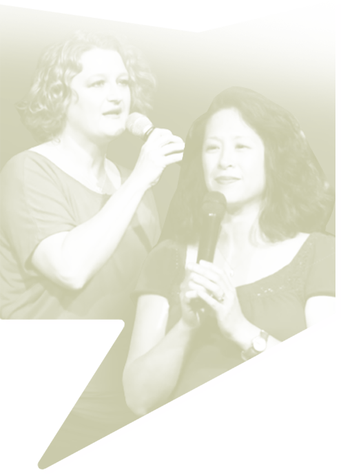 two women with microphones shown in a speech bubble