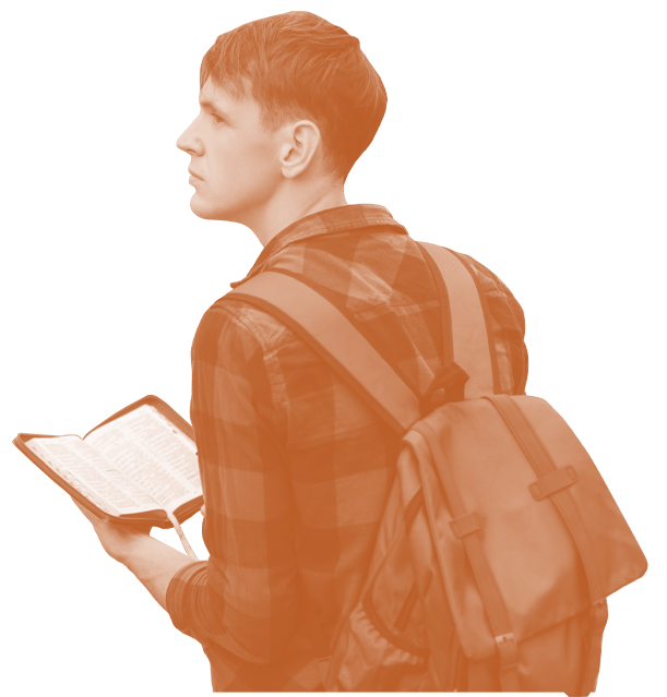 Young man with a Bible and a backpack, with a thought bubble